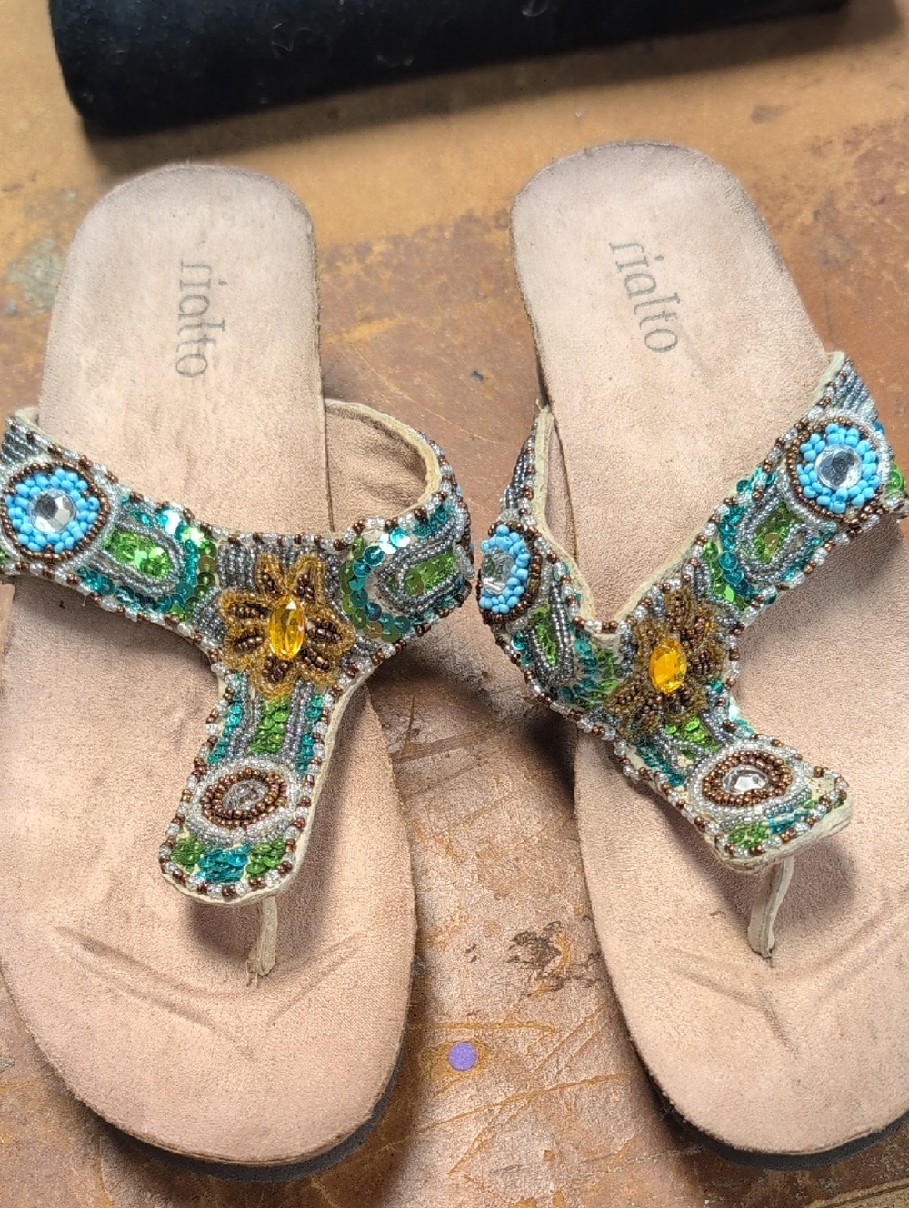 Rialto Green and Turquoise Beaded Thong Sandals